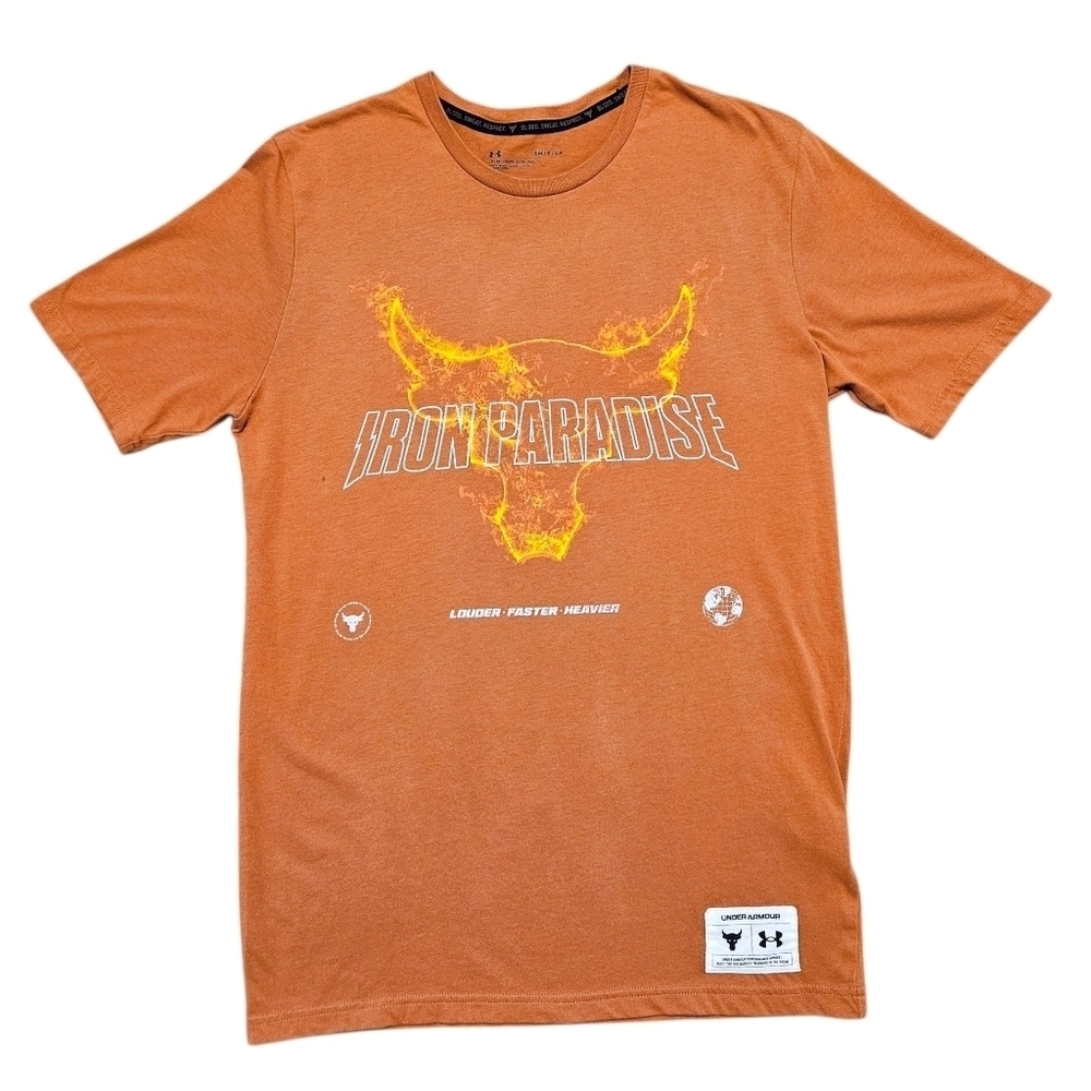 Under Armour Mens T-Shirt Project Rock Iron Paradise Sz S Rust Bull Flame SS22